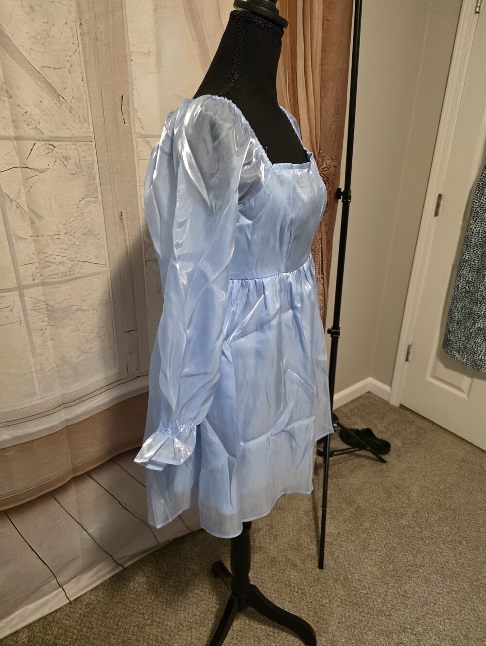 Light Blue Satin Puff Sleeve Square Neck Dress - Picture 2 of 6